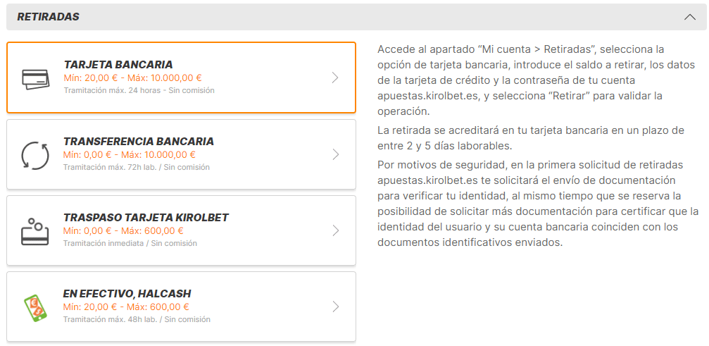 código promocional Kirolbet métodos de pago retiradas